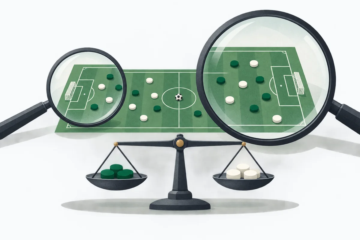 Two different-sized lenses inspect a football pitch above a balanced scale, a metaphor for checking confidence against evidence.