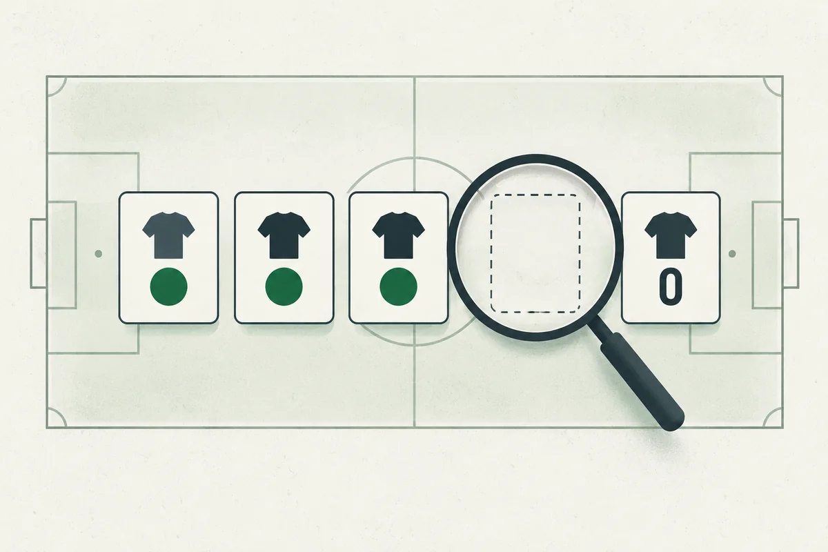 A magnifying glass highlights an empty dashed data card beside a separate card marked zero on a football pitch.